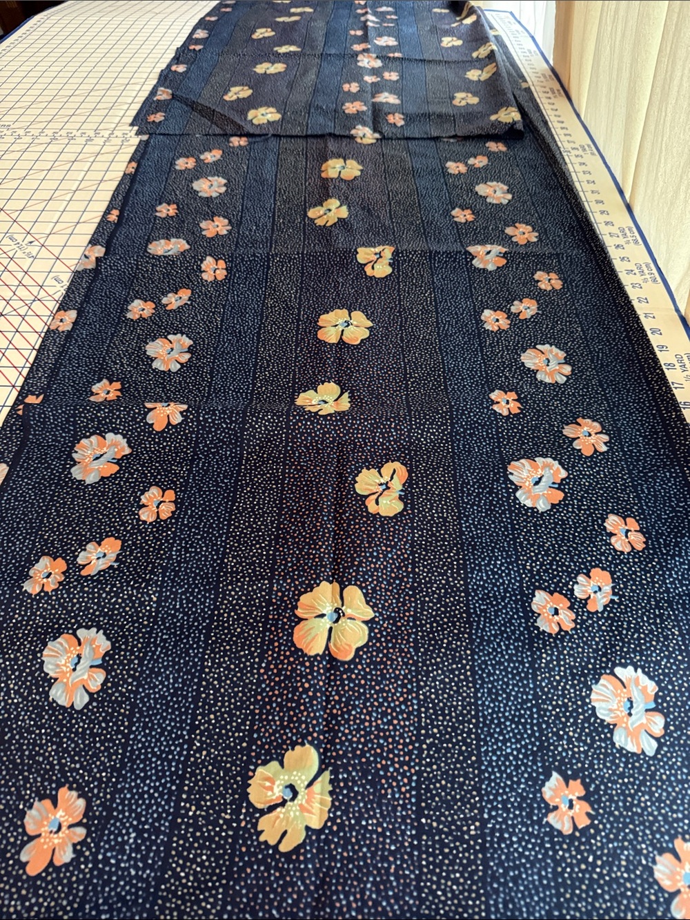 Vintage 1980s Floral Dot Stripe Fabric Navy Peach Blue 5 Yards x 44” Apparel - Picture 2 of 11